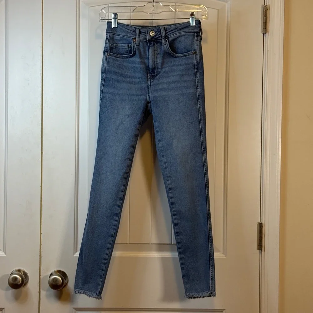 We The Free‎ Free People High Rise Skinny Jeans Blue Raw Hem Denim Womens 26